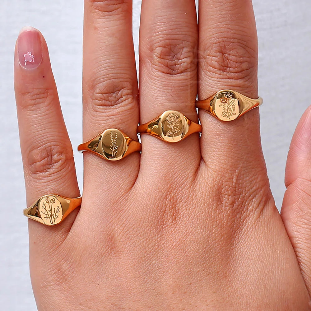 luckacco e.b.belle tarnish free stainless steel 18k gold plated engraving wildflower tea leaf lavender sunflower signet rings for women