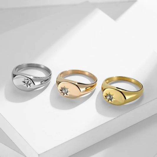 Luckacco 316L Stainless Steel Nickel& Lead Free Zircon Paved Star Singet Rings for Women Tarnish Free Party Jewelry Gold Color Ring