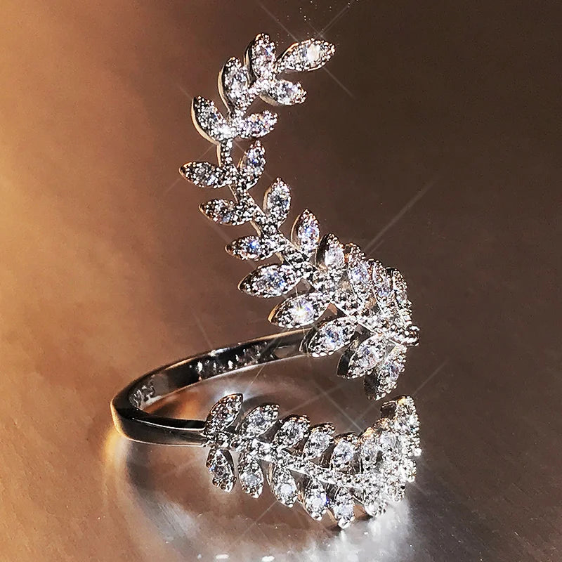 luckacco daily picks graceful leaves both end of open ring silver color girl cocktail party rings shine crystal zircon fashion women jewelry