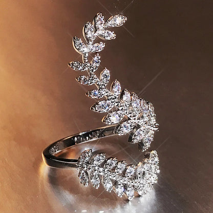 Luckacco daily picks Graceful Leaves Both End of Open Ring Silver Color Girl Cocktail Party Rings Shine Crystal Zircon Fashion Women Jewelry