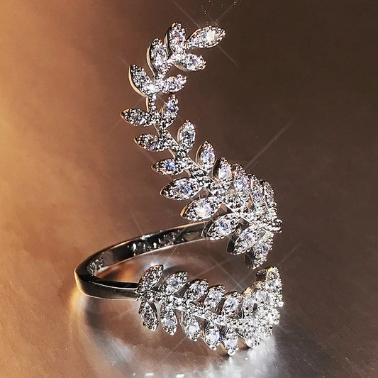 Luckacco daily picks Graceful Leaves Both End of Open Ring Silver Color Girl Cocktail Party Rings Shine Crystal Zircon Fashion Women Jewelry