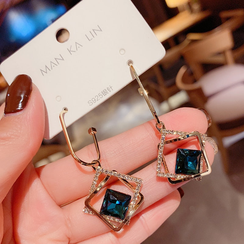 Korean fashionable temperament hollow-out geometric blue crystal earring new fashionable personality exaggerated earrings female - luckacco