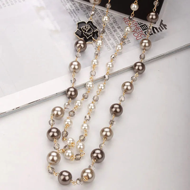 luckacco korean camellia double layerd sweater long chain pearl necklace pendant jewelry for women party