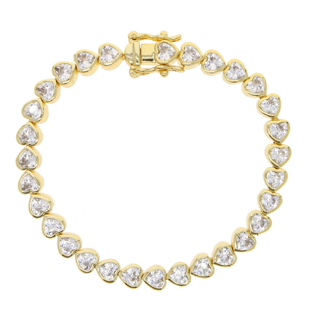 luckacco 2025 new iced out aaa cubic zirconia heart tennis chain bracelet silver color cz charm chain bracelet hip hop jewelry for women