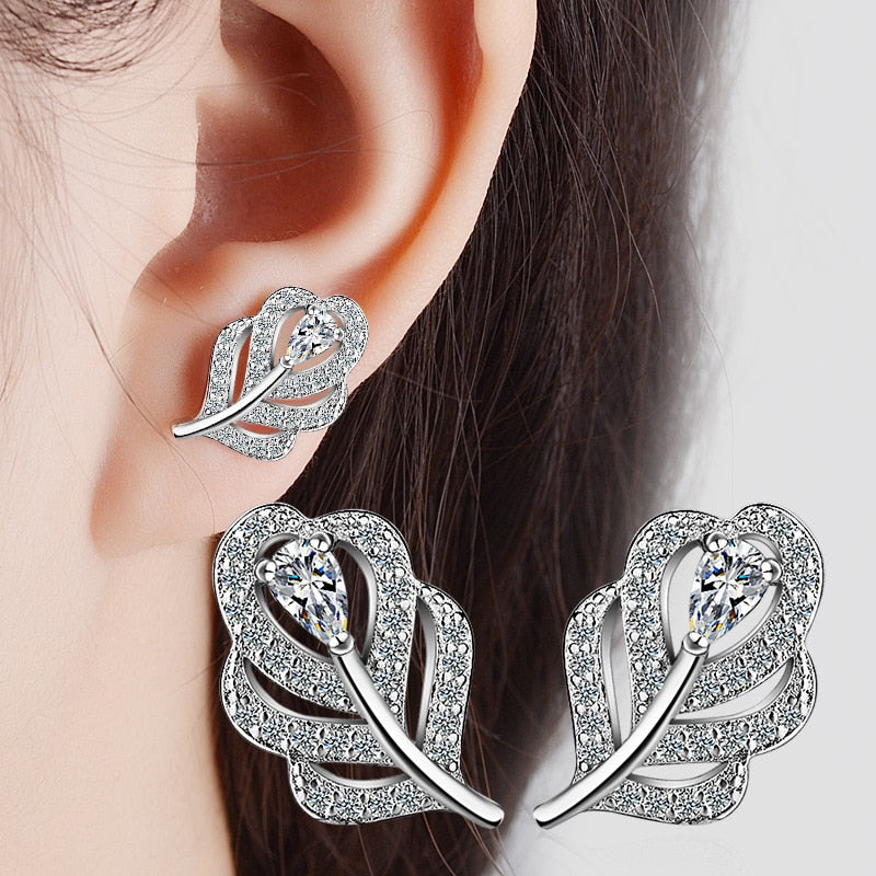 Exquisite top quality Cubic Zirconia Leaves Stud Earrings for Women Girl Jewelry Luxury Hollow Out Crystal Earring Gifts - luckacco