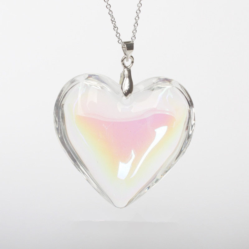 Unique Clear White gradually-changed color Crystal Glass Heart Pendant & Chain Necklace Angel Aura rainbow heart necklace - luckacco