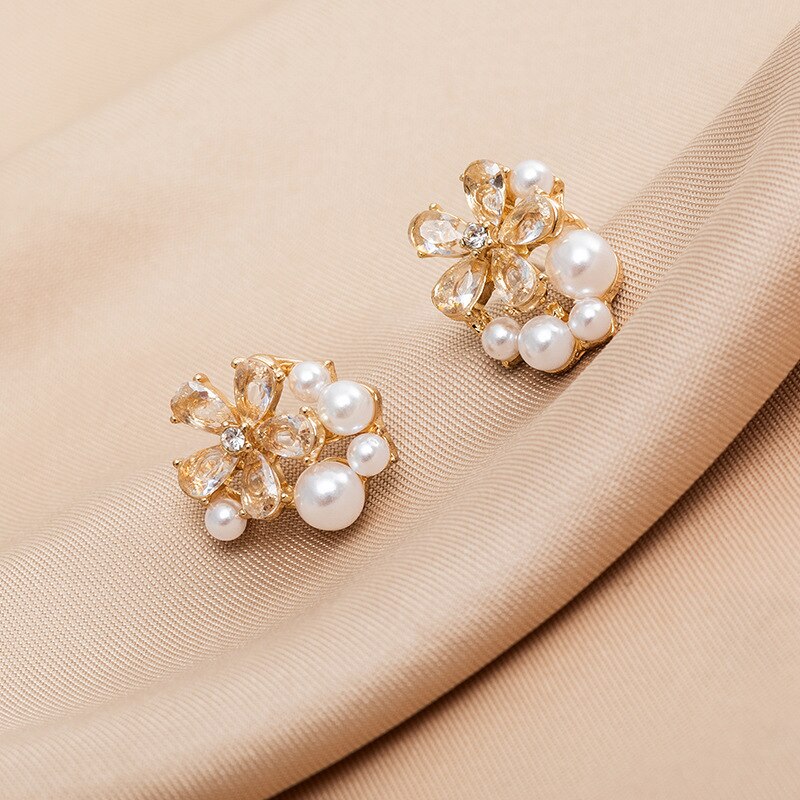 Korean Style Crystal Flower Imitation Pearl Stud Earrings For Women Girls Sweet Statement Flower Earring Party Jewelry Gifts - luckacco