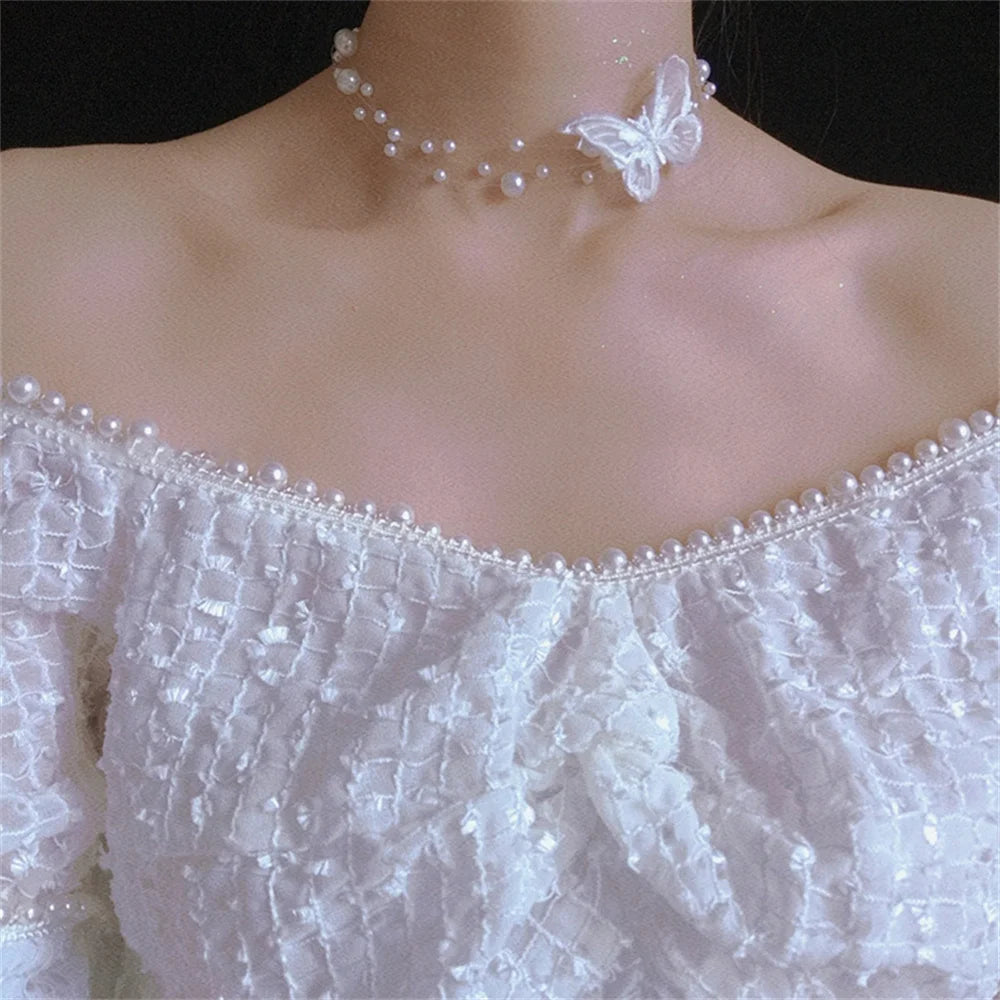 luckacco elegant multilayer pearl choker necklace vintage flower butterfly acrylic chain necklace for women fashion wedding jewelry gift