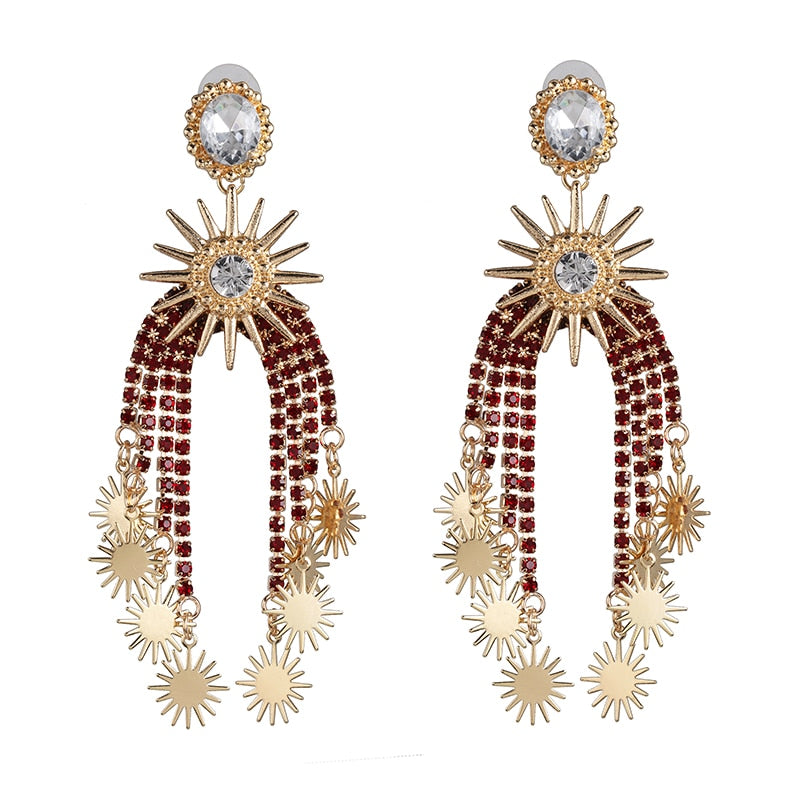 Vintage Ethnic Big Crystal Earring Long Drop Tassel Earrings For Women Wedding Statement Fashion Jewelry Female - luckacco
