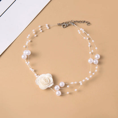 Luckacco Elegant Multilayer Pearl Choker Necklace Vintage Flower Butterfly Acrylic Chain Necklace For Women Fashion Wedding Jewelry Gift