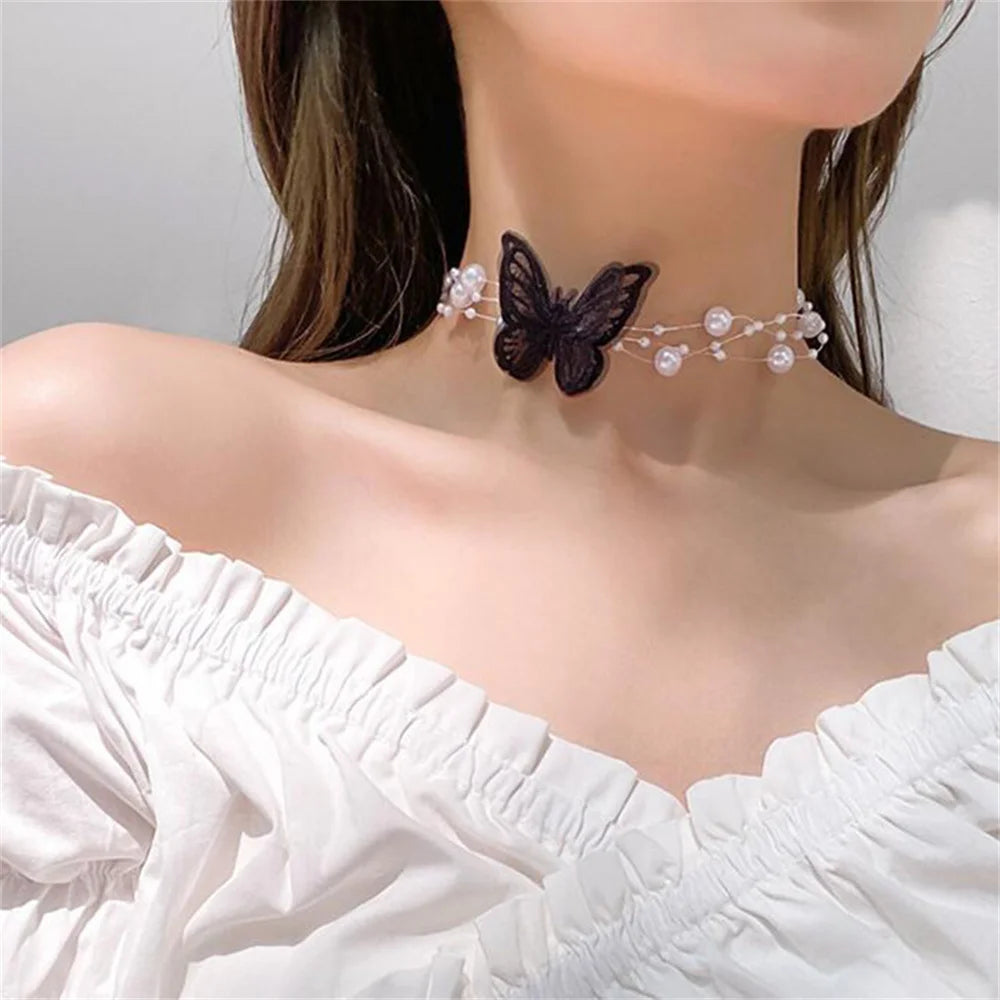 luckacco elegant multilayer pearl choker necklace vintage flower butterfly acrylic chain necklace for women fashion wedding jewelry gift