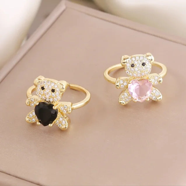 luckacco new love bear ring ins light luxury ring charm jewelry ring cute girl gift factory  zircon ring