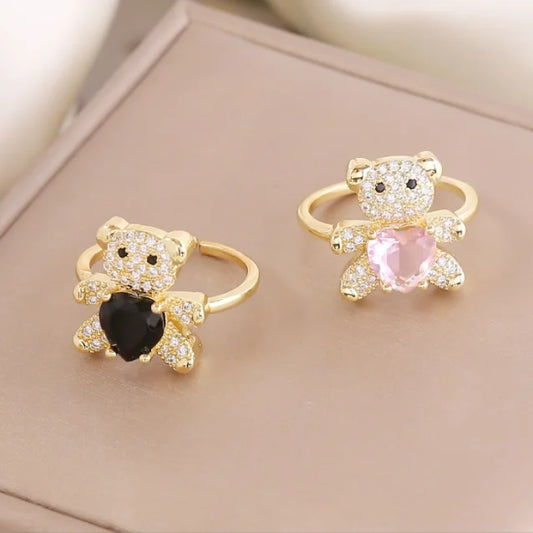 Luckacco New Love Bear Ring INS Light Luxury Ring Charm Jewelry Ring Cute Girl Gift Factory  Zircon Ring