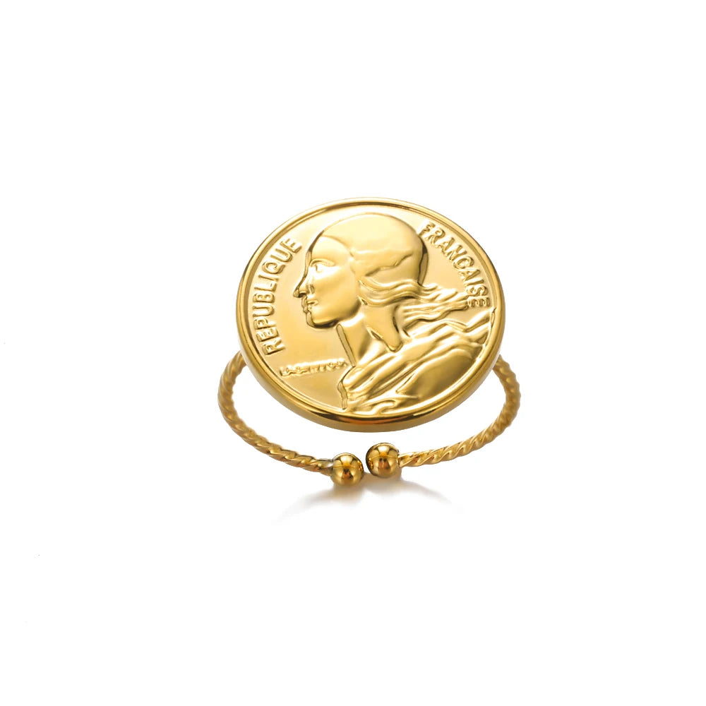 luckacco gold color stainless steel coin ring broad surface elliptical geometry rings fashion elegant jewelry accessories for women gift