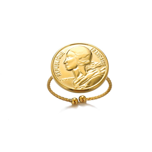 Luckacco Gold Color Stainless Steel Coin Ring Broad Surface Elliptical Geometry Rings Fashion Elegant Jewelry Accessories For Women Gift