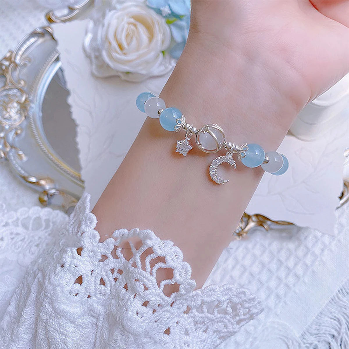 luckacco 1 starry cat's eye stone bracelet for female instagram in a niche design, new grey moonlight star moon crystal bracelet-805088