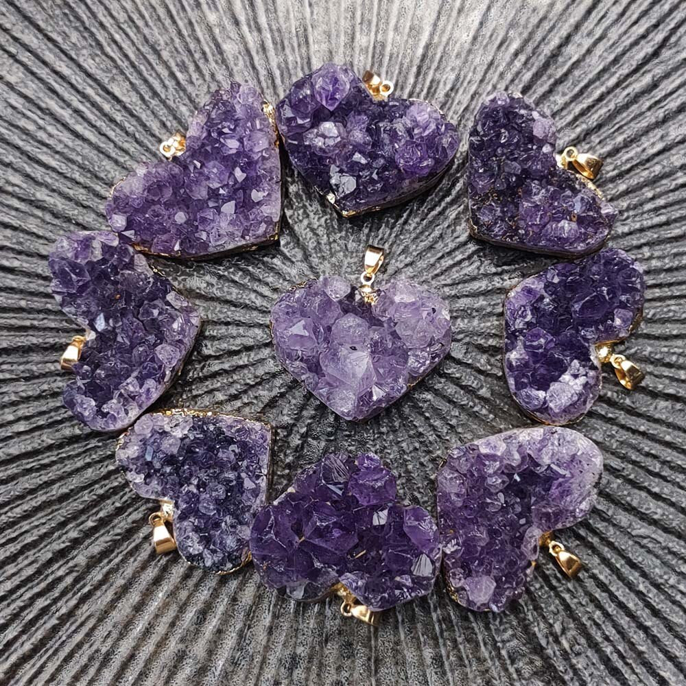 Natural Amethyst Cluster Love Heart Pendant Necklace Irregular Healing Stones White Crystal Necklaces Specimen Decoration Crafts - luckacco