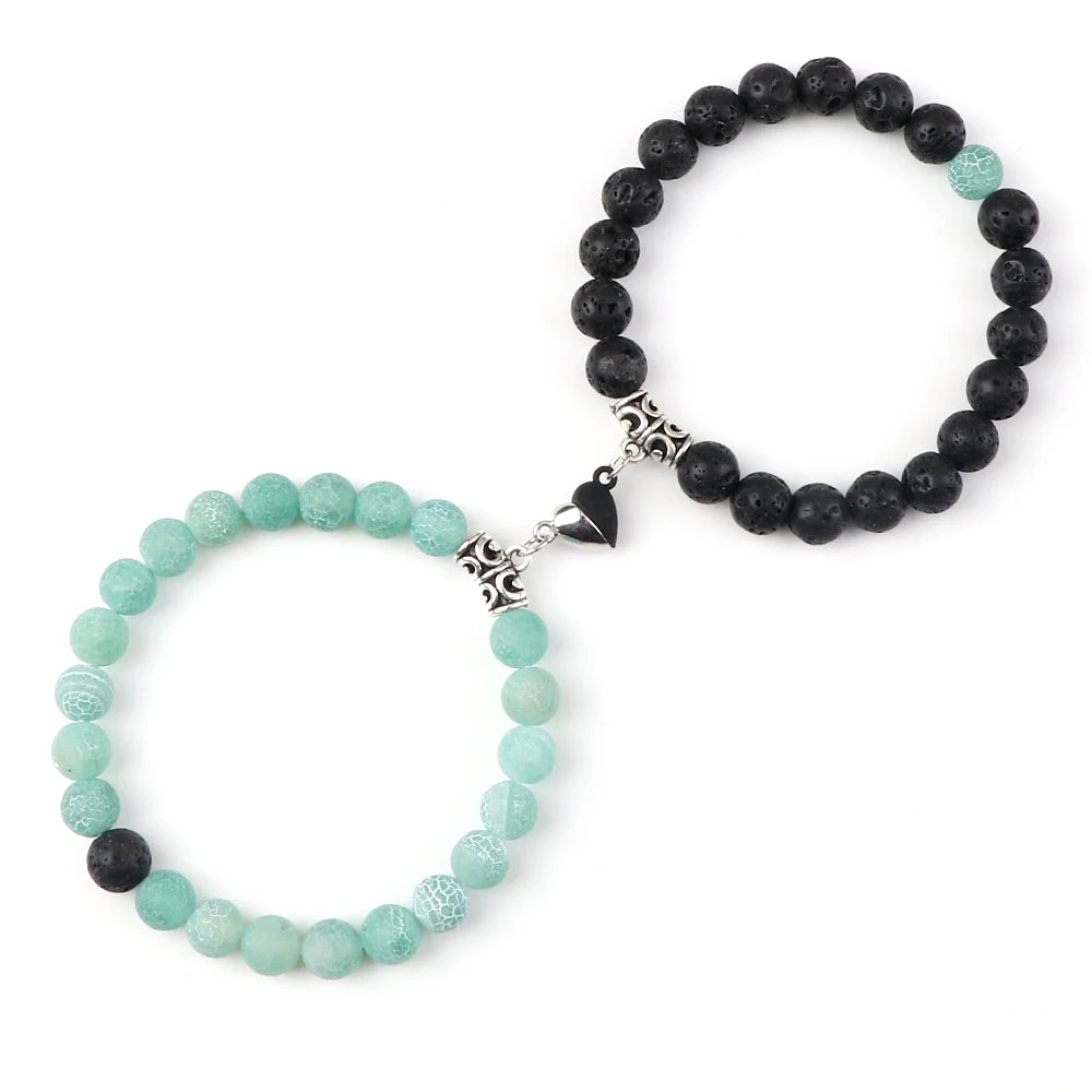 luckacco 2pcs/set natural stone beaded bracelet for lovers distance heart magnet buckle couple bracelets friendship fashion jewelry gifts