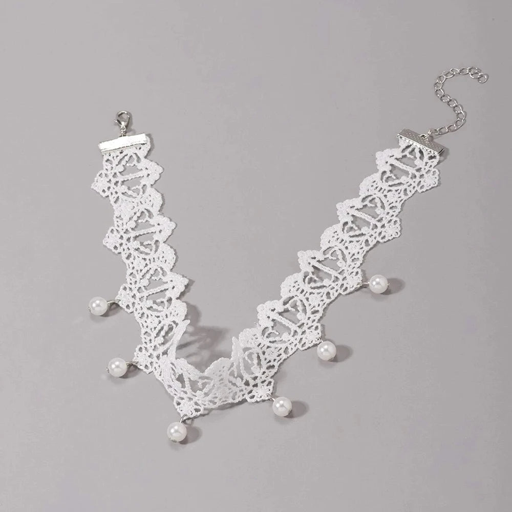 luckacco bohemia elegant vintage imitation pearl white lace statement choker necklaces bridal 2022 fashion jewelry for women wedding gift
