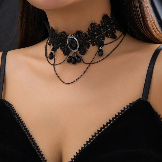 Luckacco Lacteo Gothic Black Lace Rope Chain Necklace Crystal Beads Geometric Charm Chokers Collar Girls Women Party Y2K Jewelry New