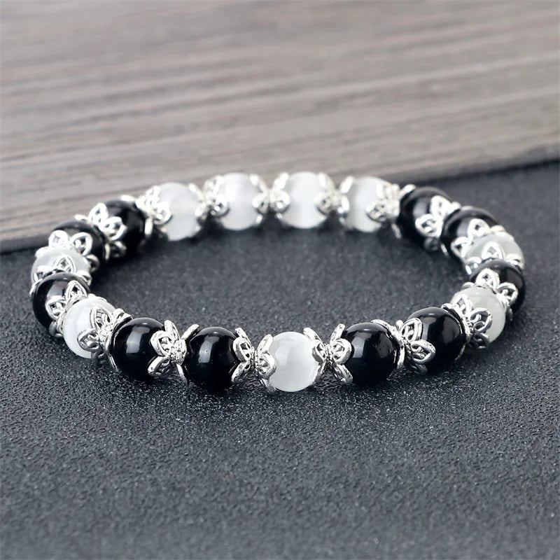 luckacco 8mm white howlite stone women bracelet metal spacer charm natural agates pink rose quartz beads bracelets for men jewelry gifts