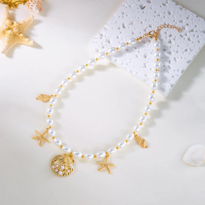Luckacco Trendy Boho Imitation Pearl Metal Necklace Pendant for Women Ocean Shell Starfish Conch Choker Necklace Beach Jewelry Gift