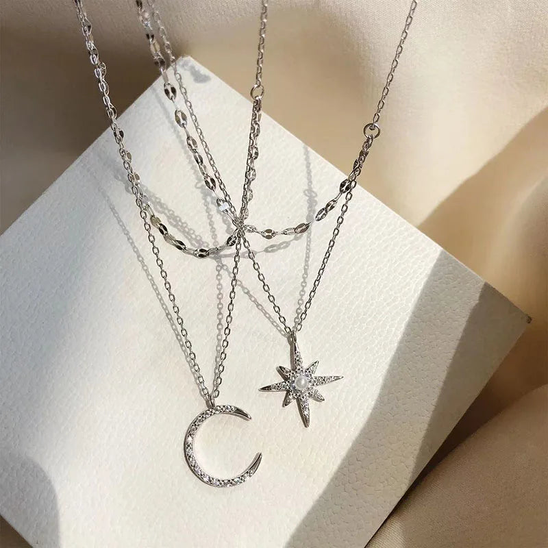 luckacco hot sale 925 sterling silver star double layer necklace charm moon pendant choker for women birthday gift beautiful accessories