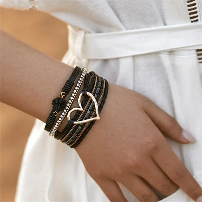 Luckacco New Metal Love Heart Charm Leather Bracelets for Women Fashion Bohemian Rhinestone Resin Wrap Bracelet Bangle Couple Jewelry