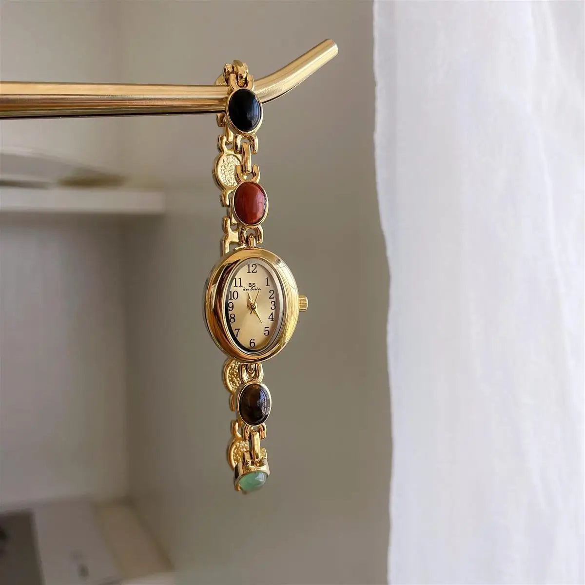 luckacco luxury vintage quartz women's watches fashion natural green jade bracelet clock numerals small oval dial watch woman accesories
