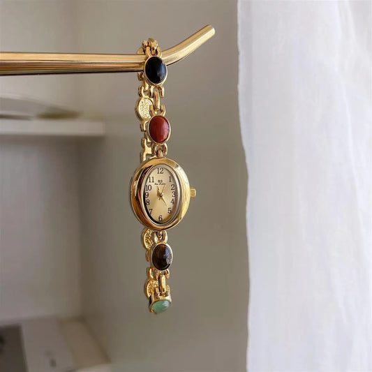 Luckacco Luxury Vintage Quartz Women's Watches Fashion Natural Green Jade Bracelet Clock Numerals Small Oval Dial Watch Woman Accesories