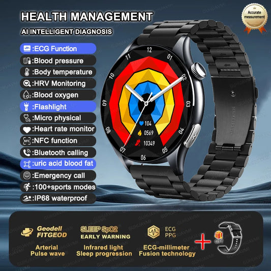 Luckacco 2025 New Health Analysis ECG+PPG Smart Watch Body Fat Uric Acid Blood Pressure Heart Rate Tracker NFC Smartwatch For Android IOS