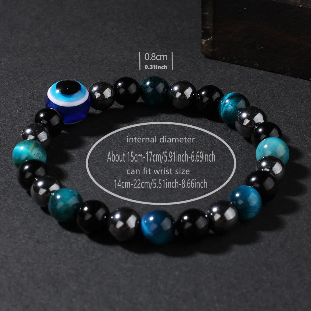 luckacco triple protection bracelet, blue tigers eye black bile obsidian evil eye beaded bracelet, handmade stretch beaded bracelets