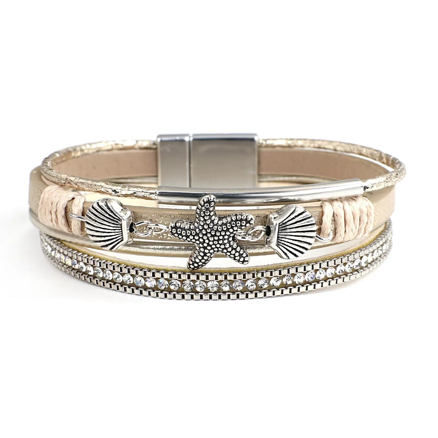 luckacco allyes charm starfish shell leather bracelet for women men boho metal tube crystal beads chain bracelets & bangles beach jewelry