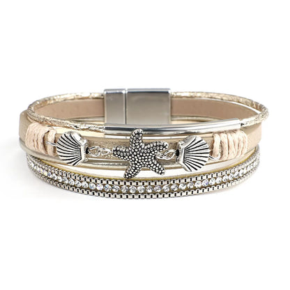 Luckacco ALLYES Charm Starfish Shell Leather Bracelet for Women Men Boho Metal Tube Crystal Beads Chain Bracelets & Bangles Beach Jewelry
