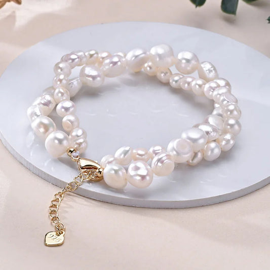 Luckacco HENGSHENG Freshwater 5-6mm 8-9mm White Pearl Double Baroque Bracelet 925 Sterling Silver Fine Jewelry Gifts for Women Girls
