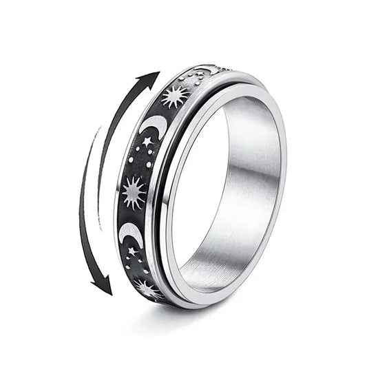 Luckacco Vintage Stainless Steel Sun Moon Star Rotating Spinning Wedding Promise Anniversary Statement Band Ring Jewelry