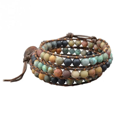 Luckacco Milangirl Bohemia Jewelry Bracelets 6MM Matte Stone Wrap Leather Bracelets Vintage 3 Strands Multilayer Woven