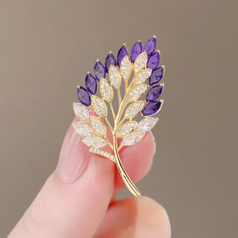 luckacco cute romantic colorful leaf brooches for women purple crysal plant brooch pin female party birthday dress suit badge jewelry