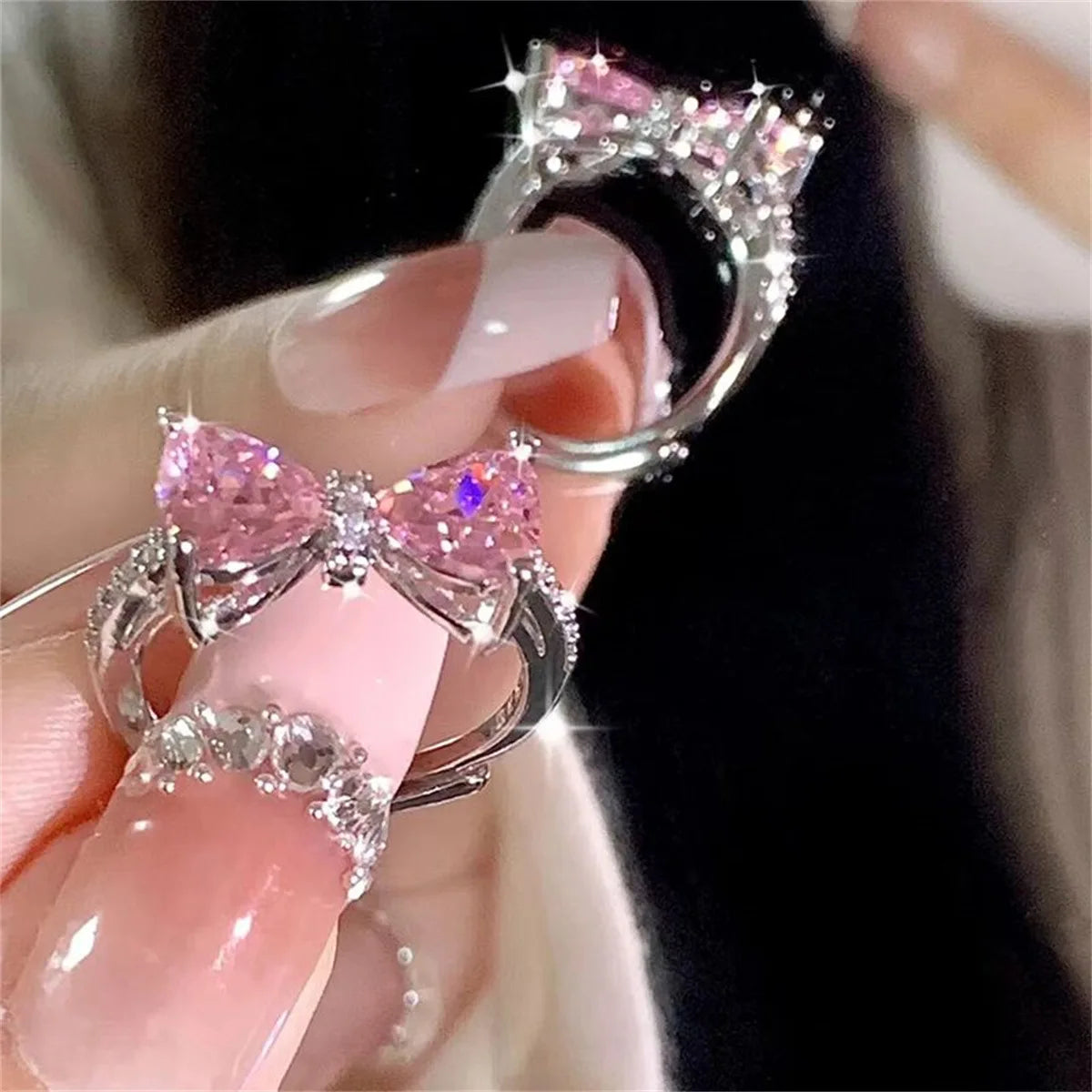 luckacco fashion romantic pink crystal bowknot rings sweet exquisite y2k opening finger ring girls birthday party jewelry accessories