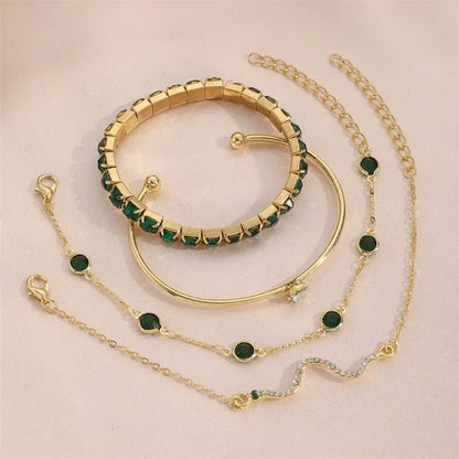 Luckacco 4Pcs/Set Fashion Snake Green Gemstone Bangle Rhinestone Full Metal Bracelets For Women Birthday Party Wedding Jewerly Gifts