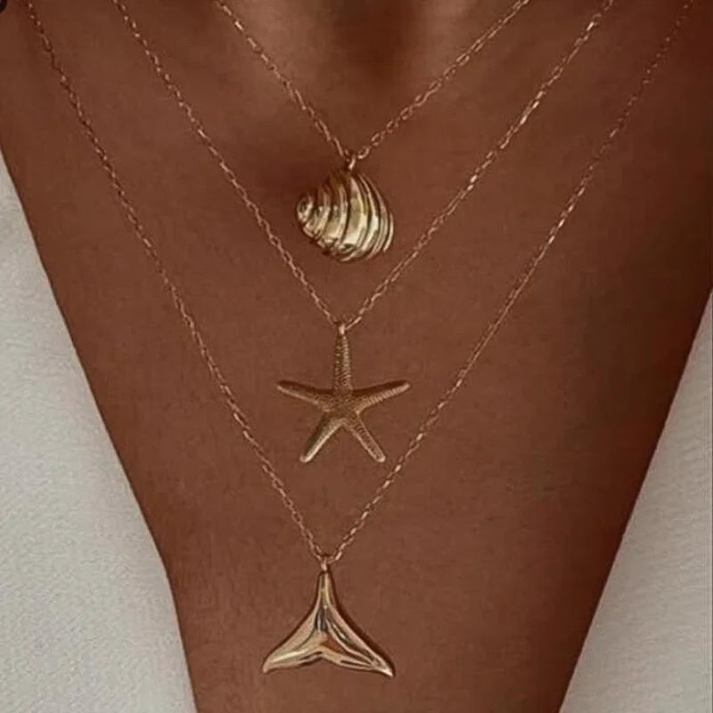 luckacco bohemia conch starfish imitation pearl necklace for women luxury exquisite beaded shell pendant necklace beach holiday jewelry