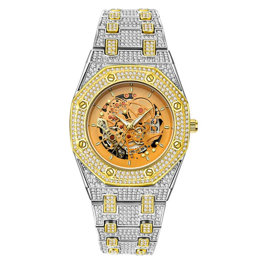 Luckacco Luxury Genuine Brand Watches For Men Hip Hop Diamond Fashion Alloy Band Date Vintage Skeleton Designer Quartz Watch Montre Homme