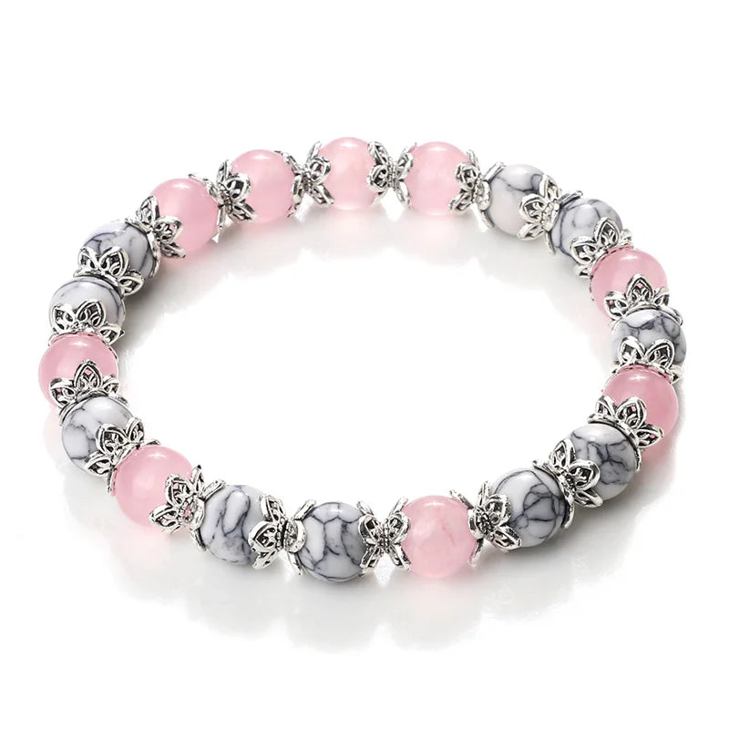 luckacco 8mm white howlite stone women bracelet metal spacer charm natural agates pink rose quartz beads bracelets for men jewelry gifts