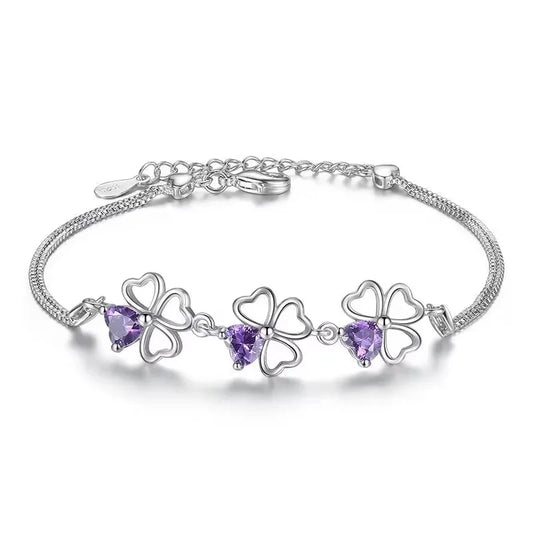 Luckacco NEW fine 925 Sterling Silver Purple crystal Lucky Clover Bracelets for women fashion party wedding accessories Jewelry 17CM+4CM