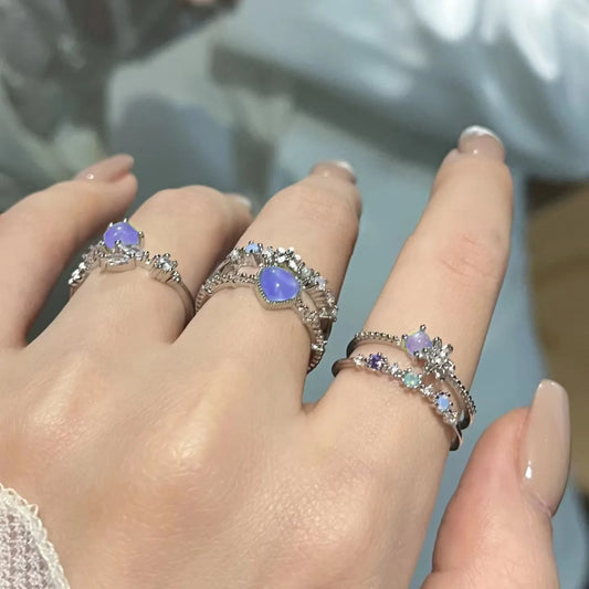 Luckacco New Y2K Crystal Rings Kpop Heart Adjustable Ring Irregular Geometry Punk Vintage Rings Set for Women Girls 2025 Fashion Jewelry