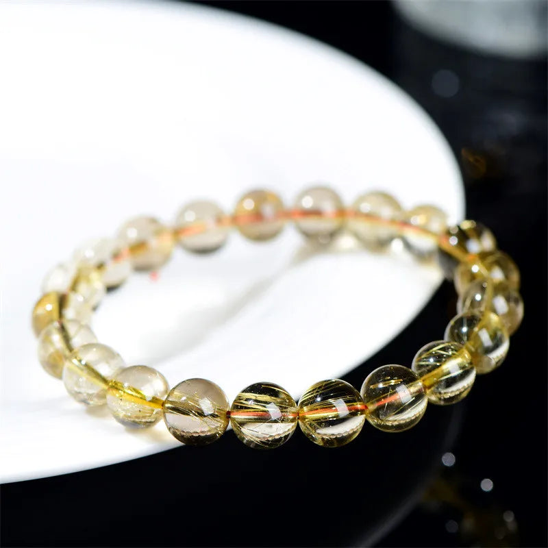 luckacco natural gold rutilated titanium quartz clear beads bracelet for woman man 7mm 8mm wealthy brazil jewelry bangle aaaaaa