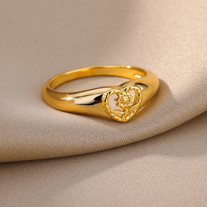 Luckacco Sunflower Heart Rings For Women Gold Color Stainless Steel Ring Female Engagement Wedding Party Finger Jewelry Gift 2024 Trend