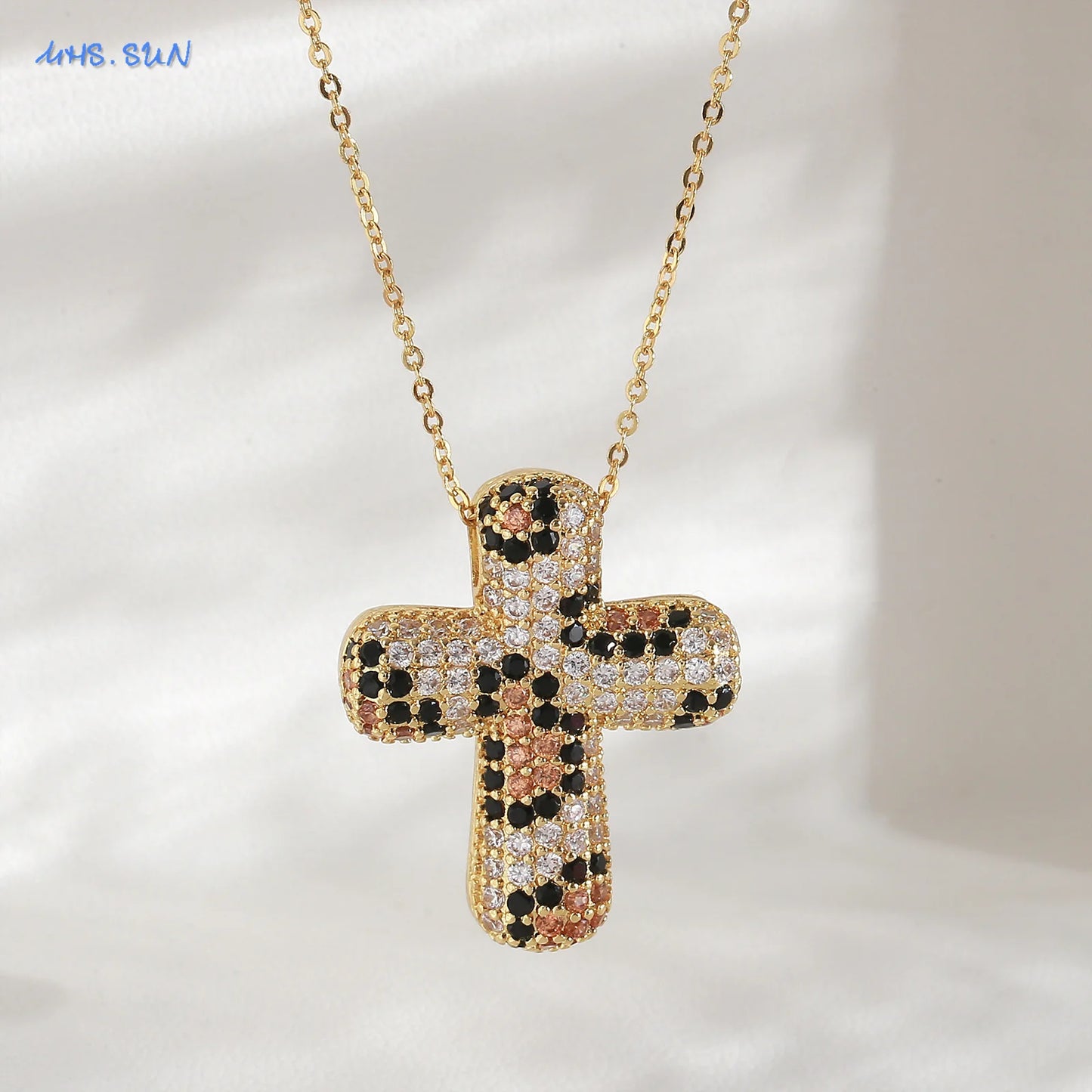 luckacco sunsll classic chunky full cubic zircon cross pendant necklaces for women men gold/silver color catholicism religious jewelry
