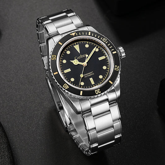 Luckacco CADISEN Luxury Men Watch 38mm Diver Vintage Automatic Business Wristwatches NH35 Mechanical Sapphire 20 Bar Mens Retro Clock