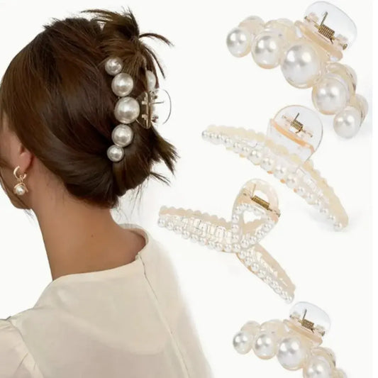 Luckacco 4pcs Large Shark Clip Hair Accessories Temperament Versatile Simple And Generous Fashionable Gentle Pearl Grab Clip